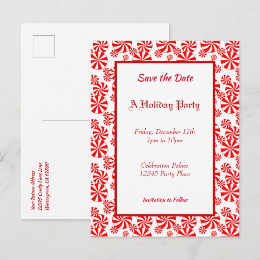 ペパーミントパターンホリデイ編集可能な日付を保存 ポストカード (正面/裏面)