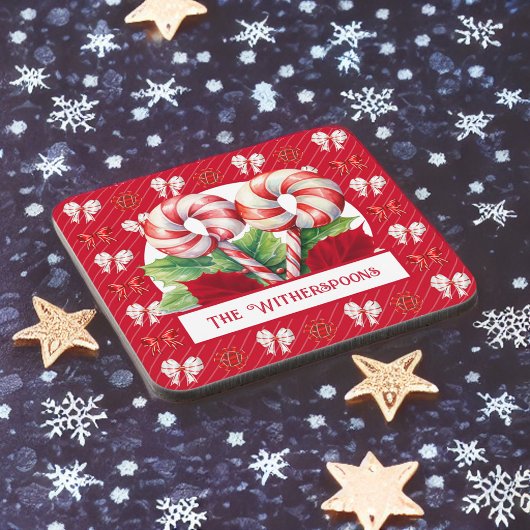 ペパーミント赤と白キャンディーケーンボウモノグラム コースター