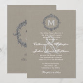 ペブル&グレーフレームモノグラムリ結婚ネン紙 招待状 (正面/裏面)