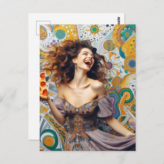 ペペローニのピザを持った喜ばしい女性 ポストカード (正面/裏面)