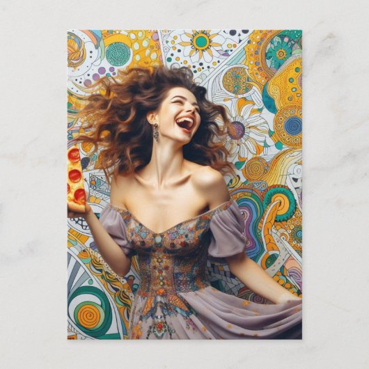 ペペローニのピザを持った喜ばしい女性 ポストカード (正面)