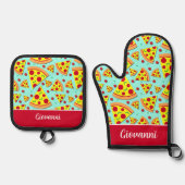 ペペローニピザシェフパターン(の模様が)あるァー 鍋つかみ&鍋敷きセット (正面)