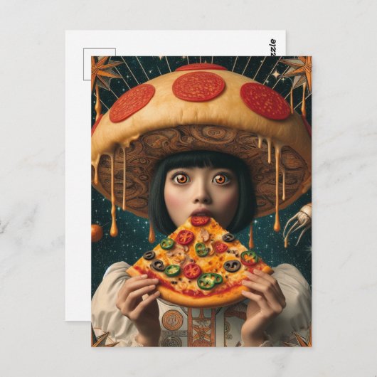ペペロ間抜けニきのこの帽子を持つピザの女性 ポストカード (正面/裏面)