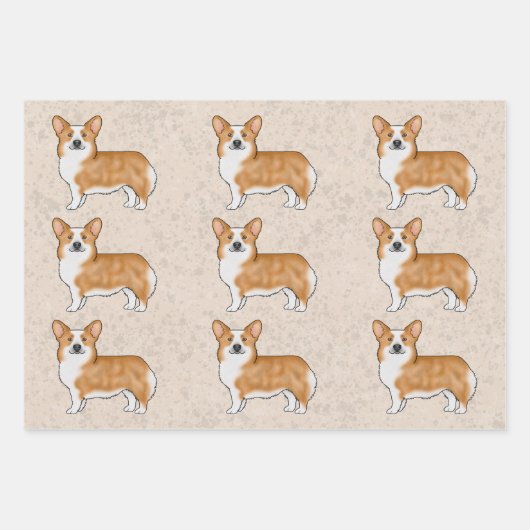 ペム赤と白ブレークウェルシュコーギードッグアートパターン ラッピングペーパーシート (正面3)