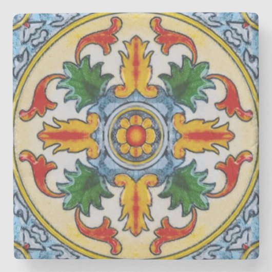 ペラナカンレッドオレンジフラワーオーナメントパーティー飲料 ストーンコースター (正面)