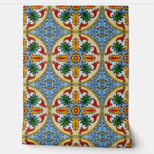 ペラナカンヴィンテージタイル赤オレンジ色の花オーナメント 壁紙 (ほどく)