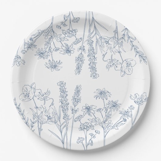 ペリウィンクルエレガントブルーワイルドフラワーブライダルシャワー ペーパープレート (正面)