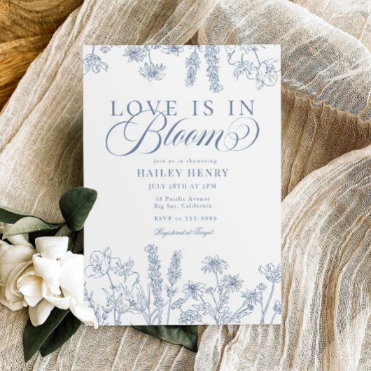 ペリウィンクルエレガントブルーワイルドフラワーブライダルシャワー 招待状