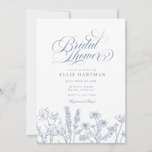 ペリウィンクルエレガントブルーワイルドフラワーブライダルシャワー 招待状 (正面)