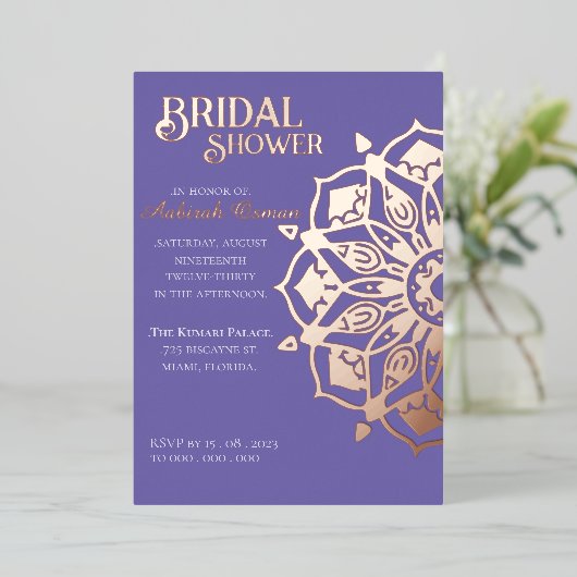 ペリウィンクルゴールドインディアンヘナマンダラブライダルシャワー 箔招待状 (立ち正面)