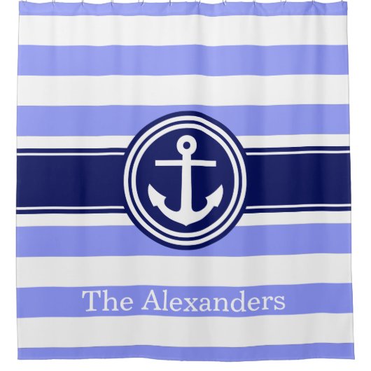 ペリウィンクルネイビーブルーラグビーストライプビーいかりモノグラム シャワーカーテン (正面)