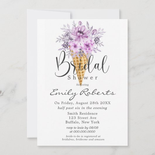 ペリウィンクルパープルアイスクリームコーンブライダルシャワー 招待状 (正面)