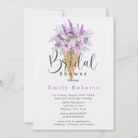 ペリウィンクルパープルアイスクリームコーンブライダルシャワーInv 招待状 (正面)