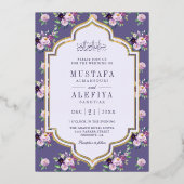 ペリウィンクルパープルフローラ結婚ムスリムの金ゴールド 箔招待状 (正面)