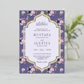 ペリウィンクルパープルフローラ結婚ムスリムの金ゴールド 箔招待状 (立ち正面)