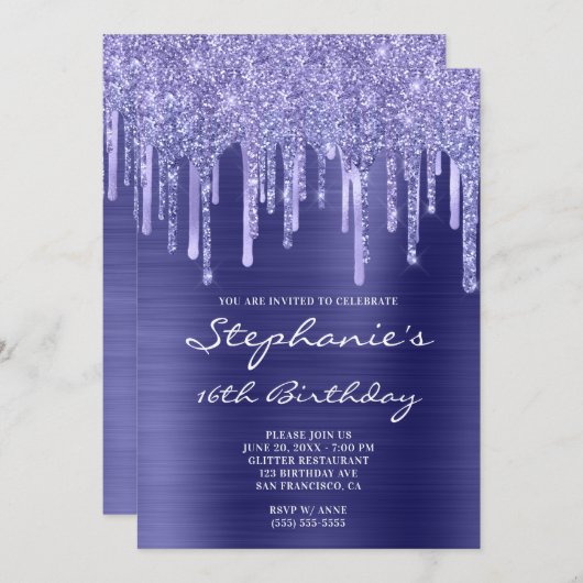 ペリウィンクルフォイルとグリッタードリップ16誕生日 招待状 (正面/裏面)