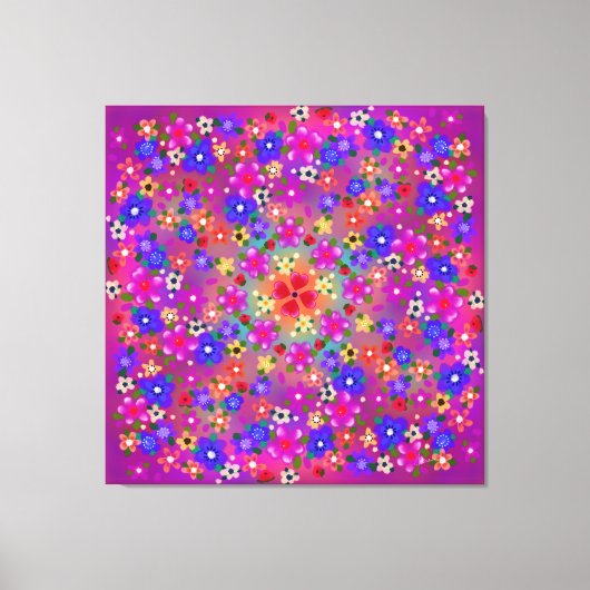 ペリウィンクルブルーとバイオレットの花とハートボホ キャンバスプリント (正面)