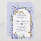 ペリウィンクルブルーウォーター色ゴールデンバタフライカンス 招待状 (正面/裏面)