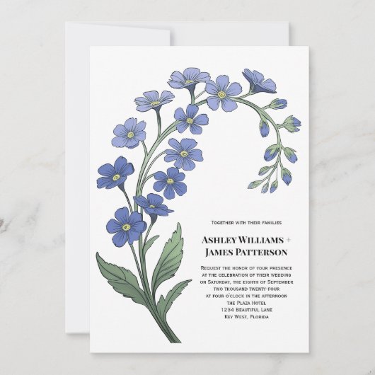 ペリウィンクルブルーフローラ様式化結婚花 招待状 (正面)