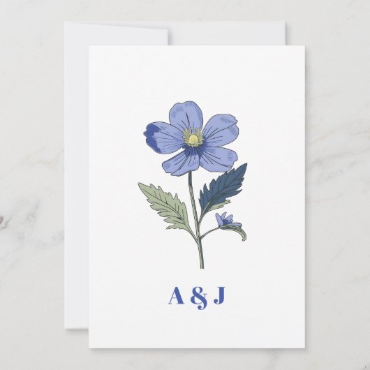 ペリウィンクルブルーフローラ様式化結婚花 招待状 (裏面)