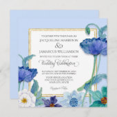 ペリウィンクルブルーホワイトウォーターカラーフローラポピーリーフ 招待状 (正面/裏面)