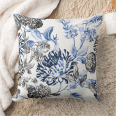 ペリウィンクルブルー白黒植物学フローラトイル クッション (ブランケット)