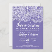 ペリウィンクルホワイトフローラタイポグラフィスウィート16 招待状 (正面)