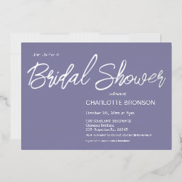 ペリウィンクルミニマリストスクリプトブライダルシャワーシルバー 箔招待状