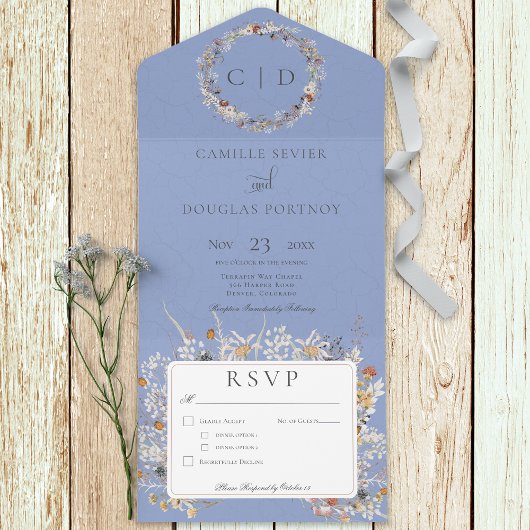 ペリウィンクルヴィンテージロマンチックなワイルドフラワーディナー オールインワン招待状