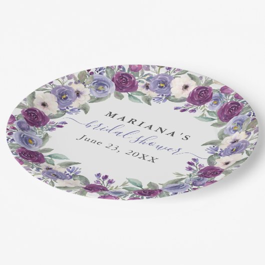 ペリウィンクル明るい赤紫色水彩フローラブライダルシャワー ペーパープレート (アングル)