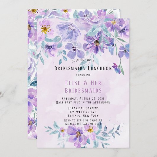 ペリウィンクル薄紫牡丹リースブリデスメイドランチョン 招待状 (正面/裏面)