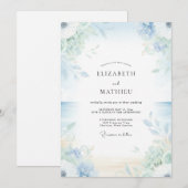 ペリウィンクル+セラドンの葉っぱの結婚式 招待状 (正面/裏面)
