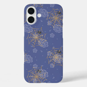 ペリウィンクル&金ゴールドハロウィンスパイダーズ&くもの巣 iPhone 16 PLUSケース