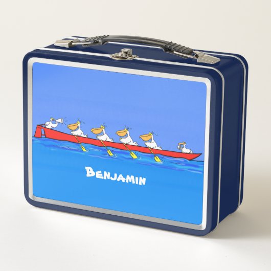 ペリカンおもしろいローイングチーム漫画イラストレーション メタルランチボックス (正面)
