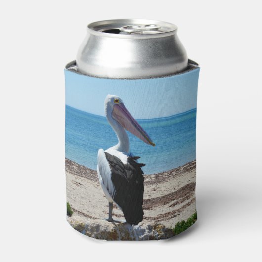 ペリカンはビーチの岩の上に立っていた 缶クーラー (缶正面)