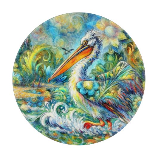 ペリカンインワンダーランドフローラグリーンブルーイエロー カッティングボード (正面)