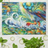 ペリカンインワンダーランドフローラグリーンブルーイエロー キッチンタオル (折り畳み)