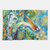 ペリカンインワンダーランドフローラグリーンブルーイエロー キッチンタオル (横)