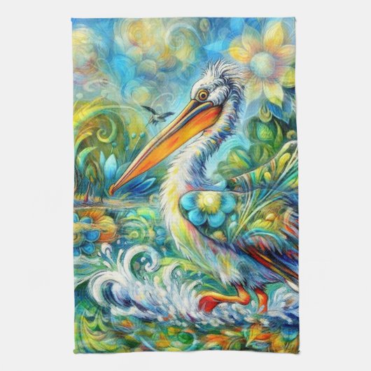 ペリカンインワンダーランドフローラグリーンブルーイエロー キッチンタオル (縦)
