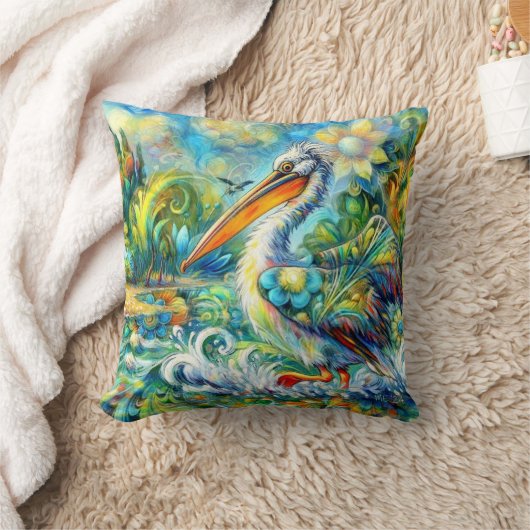 ペリカンインワンダーランドフローラグリーンブルーイエロー クッション (ブランケット)