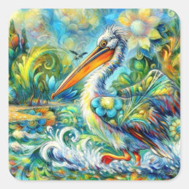 ペリカンインワンダーランドフローラグリーンブルーイエロー スクエアシール