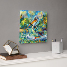 ペリカンインワンダーランドフローラグリーンブルーイエロー スクエア壁時計