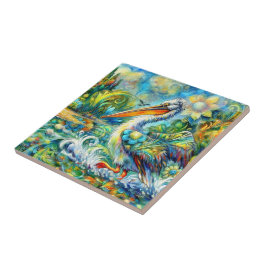 ペリカンインワンダーランドフローラグリーンブルーイエロー タイル