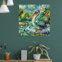 ペリカンインワンダーランドフローラグリーンブルーイエロー