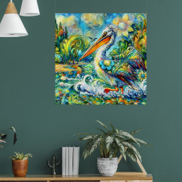 ペリカンインワンダーランドフローラグリーンブルーイエロー ポスター