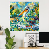 ペリカンインワンダーランドフローラグリーンブルーイエロー ポスター (ホームオフィス)