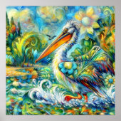 ペリカンインワンダーランドフローラグリーンブルーイエロー ポスター (正面)