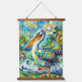 ペリカンインワンダーランドフローラグリーンブルーイエロー 吊り下げ型タペストリー (正面)