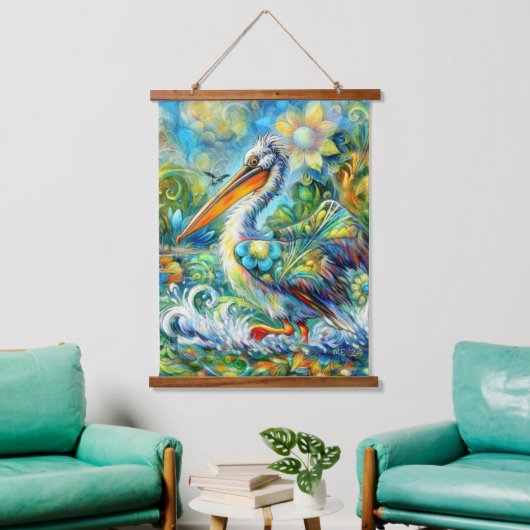 ペリカンインワンダーランドフローラグリーンブルーイエロー 吊り下げ型タペストリー (リビング)