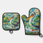 ペリカンインワンダーランドフローラグリーンブルーイエロー 鍋つかみ&鍋敷きセット (正面)